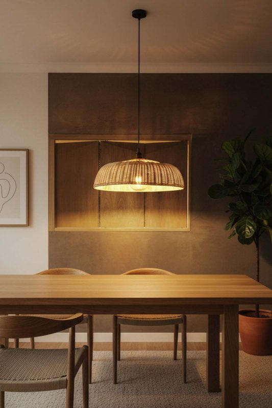 Modern Dining Room Wide Woven Rattan Pendant Light Warm Evening Interior