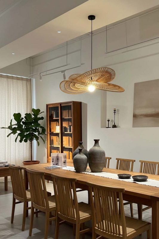 Modern Dining Room Wing Shaped Woven Rattan Pendant Light Bright Window Interior