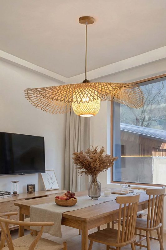 Modern Dining Room Wing Shaped Woven Rattan Pendant Light Warm Interior