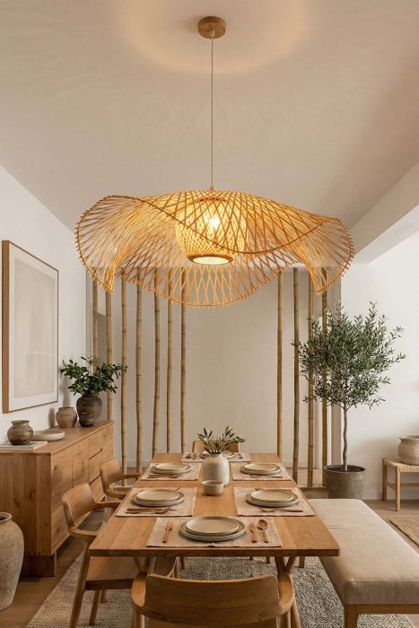 Modern Dining Room Wing Shaped Woven Rattan Pendant Light Warm Neutral Interior