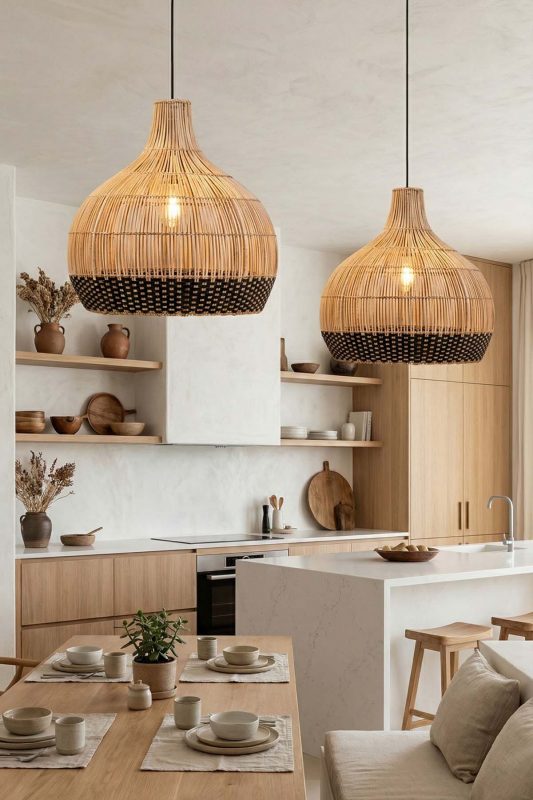 Modern Kitchen Black And Natural Woven Rattan Pendant Light Warm Interior