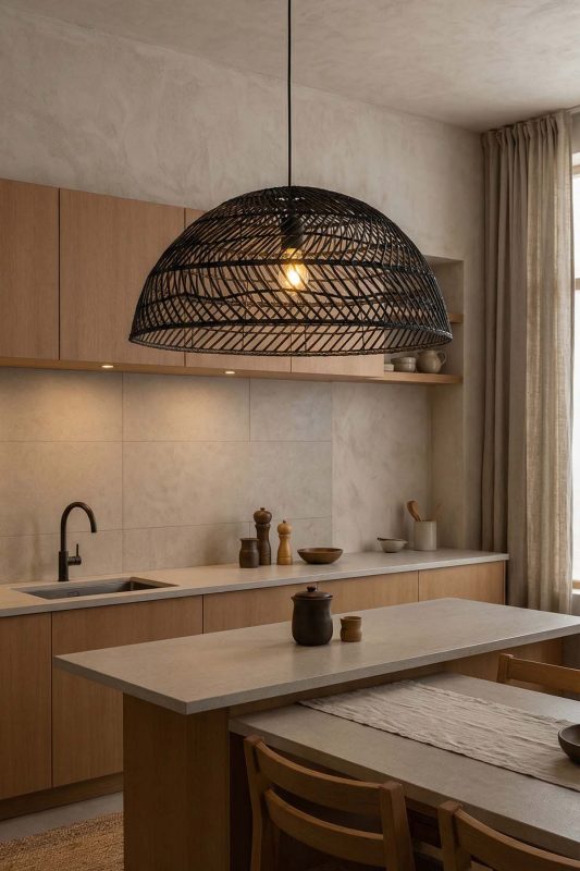 Modern Kitchen Black Woven Rattan Pendant Light Minimalist Interior
