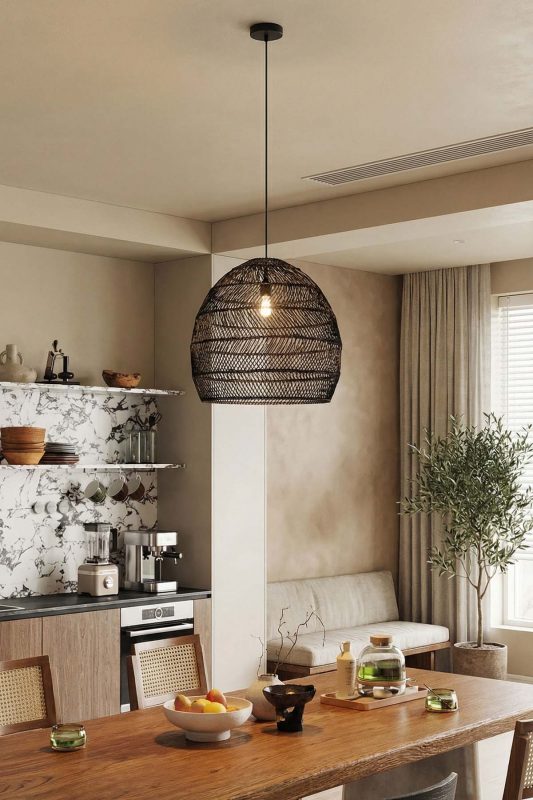Modern Kitchen Black Woven Rattan Pendant Light Wooden Countertop Interior