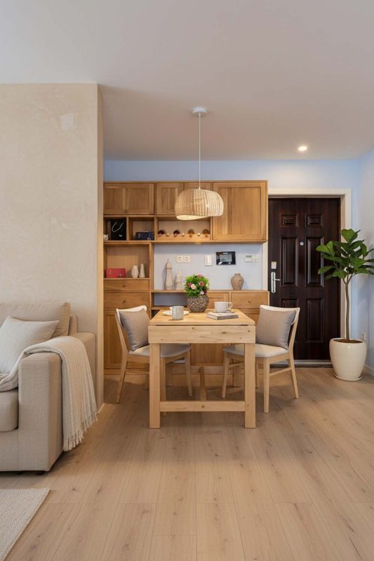 Modern Kitchen Dining Area Natural Woven Rattan Pendant Light Warm Wood Interior