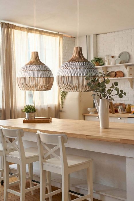 Modern Kitchen Island Double White Woven Rattan Pendant Lights