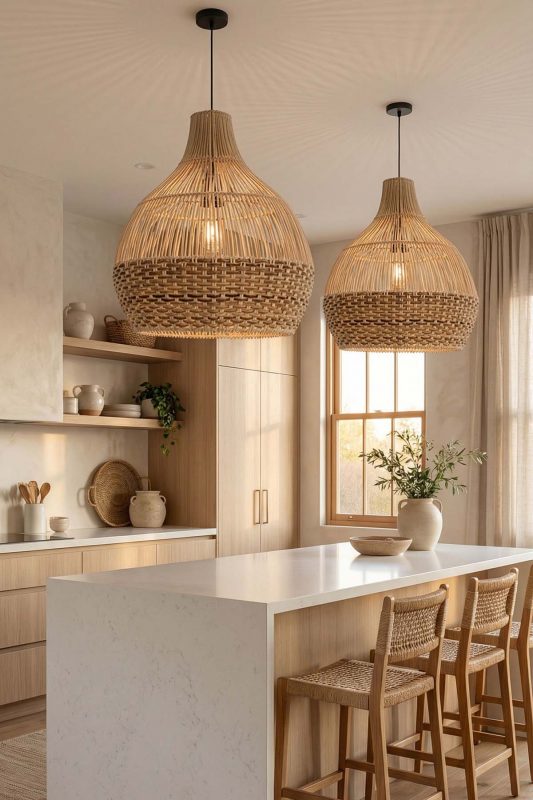 Modern Kitchen Island Double Woven Rattan Pendant Lights Warm Neutral Interior