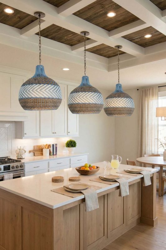 Modern Kitchen Island Triple Blue And Natural Woven Rattan Pendant Lights