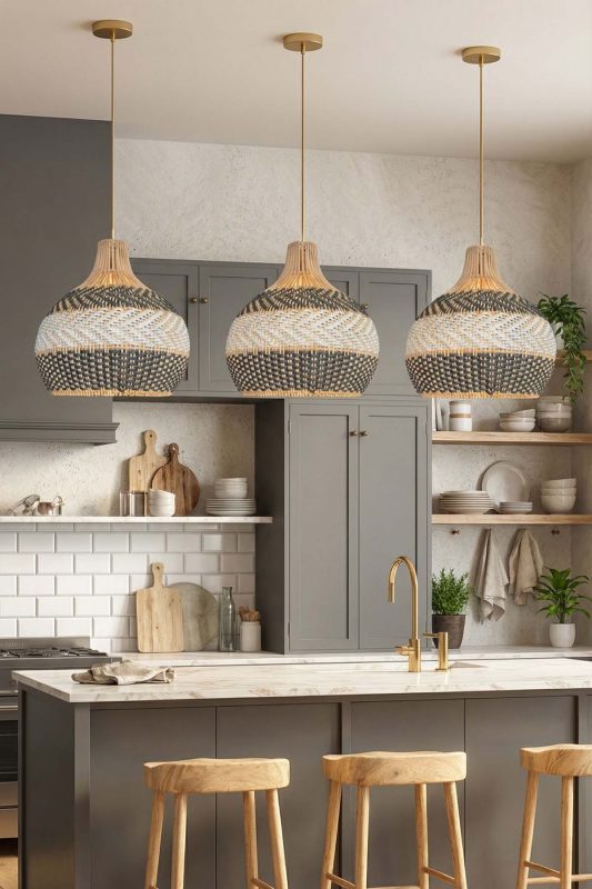 Modern Kitchen Island Triple White And Black Woven Rattan Pendant Lights
