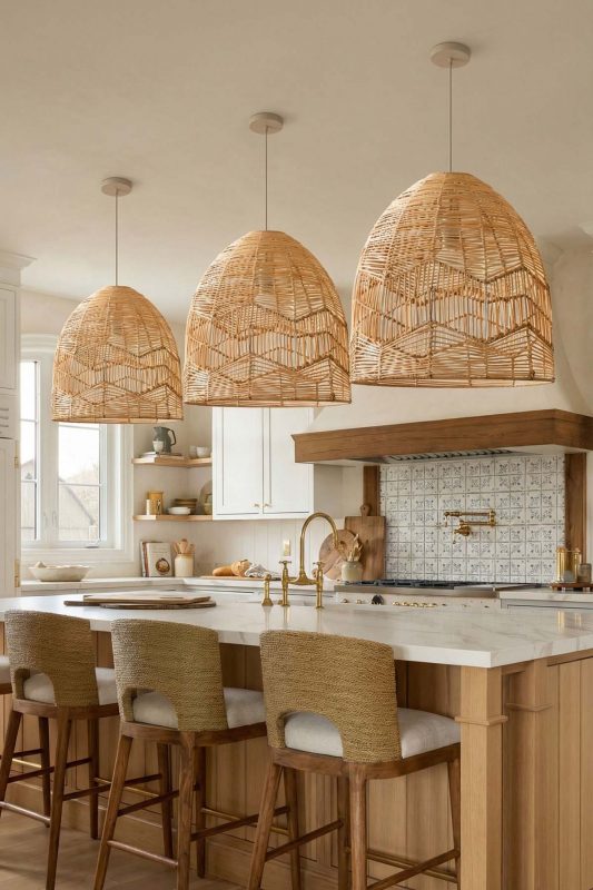 Modern Kitchen Island Triple Woven Rattan Pendant Lights Natural Interior