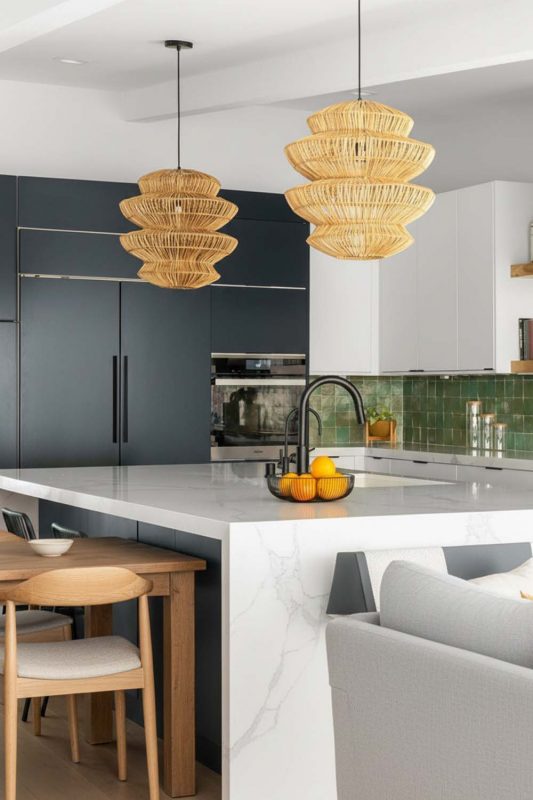 Modern Kitchen Layered Woven Rattan Pendant Lights Bright Interior