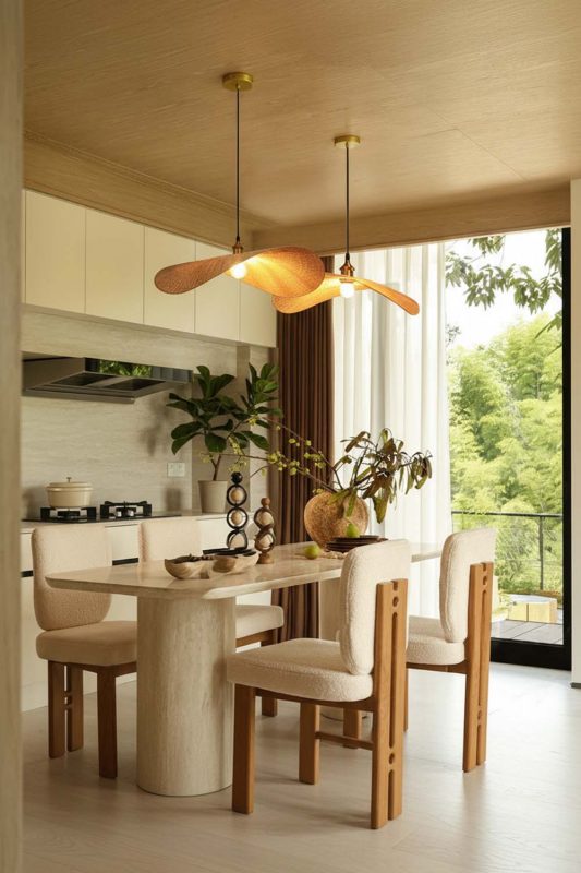 Modern Kitchen Organic Wooden Pendant Lights Bright Garden View Interior