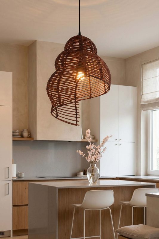 Modern Kitchen Sculptural Dark Woven Rattan Pendant Light Minimalist Interior