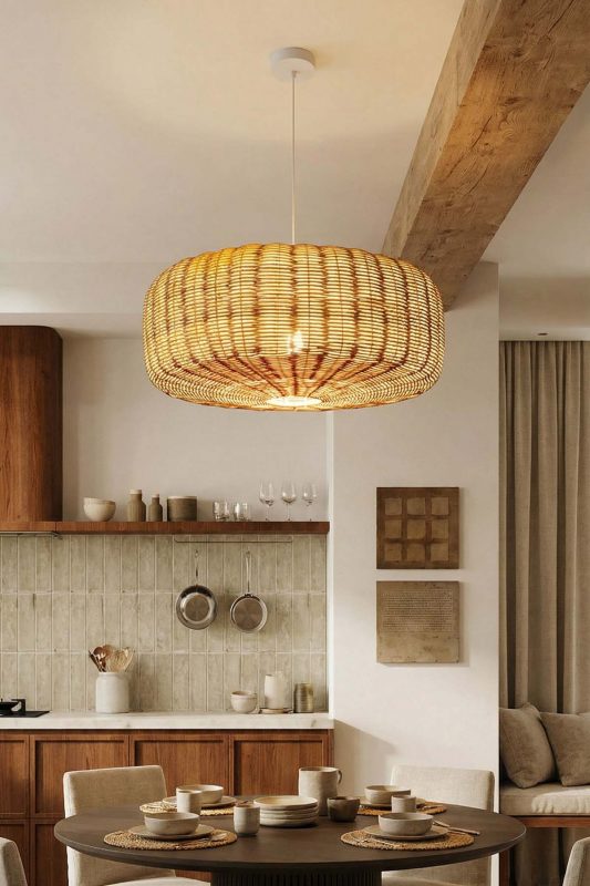 Modern Kitchen Wide Woven Rattan Pendant Light Warm Natural Interior