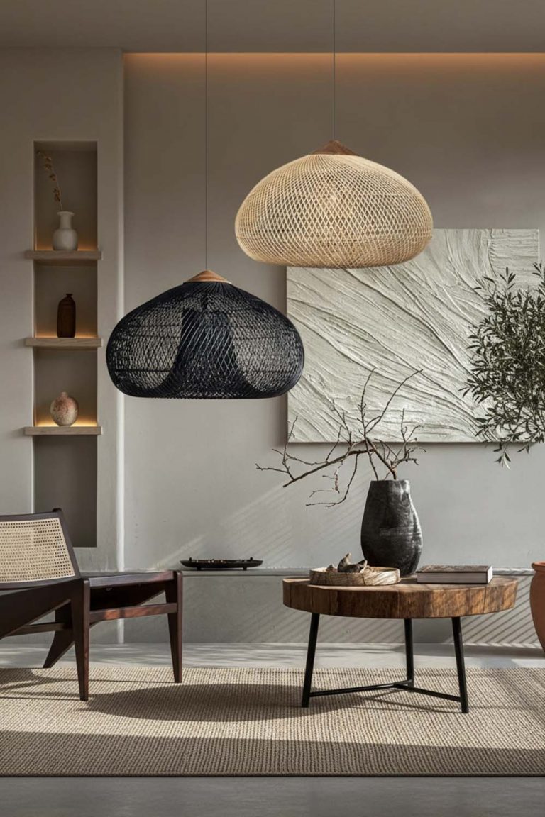 Modern Living Room Ideas with Woven Rattan Pendant Lights