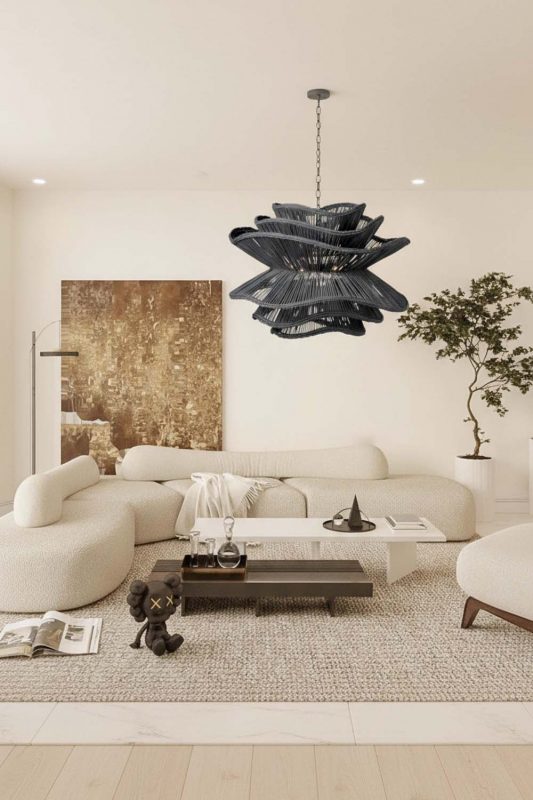Modern Living Room Black Sculptural Wooden Chandelier Minimalist Interior