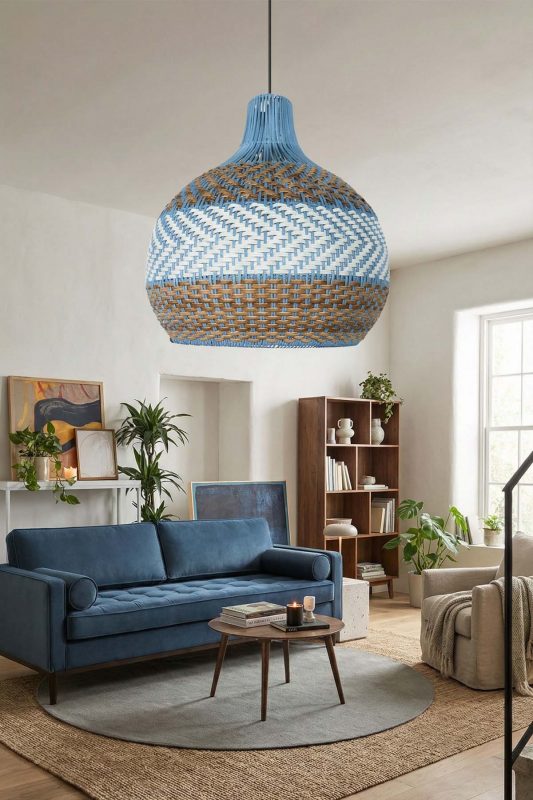 Modern Living Room Blue And Natural Woven Rattan Pendant Light Minimalist Interior