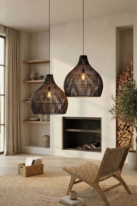 Modern Living Room Double Black Woven Rattan Pendant Lights Neutral Interior