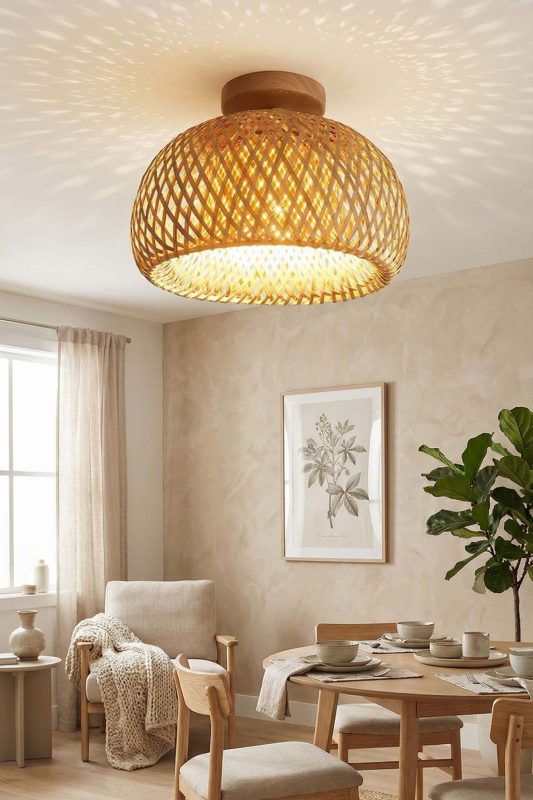 Modern Living Room Flush Mount Woven Bamboo Ceiling Light Warm Neutral Decor