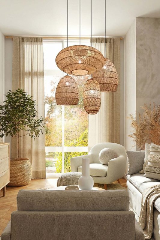 Modern Living Room Layered Rattan Pendant Light Cluster High Ceiling Interior