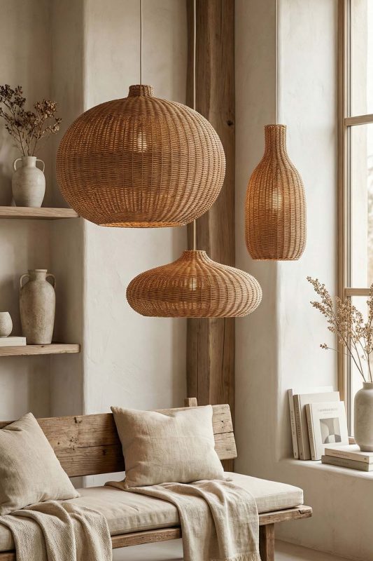 Modern Living Room Layered Round Woven Rattan Pendant Lights Neutral Interior