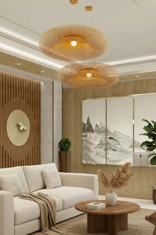 Modern Living Room Layered Woven Rattan Ceiling Light Soft Ambient Interior