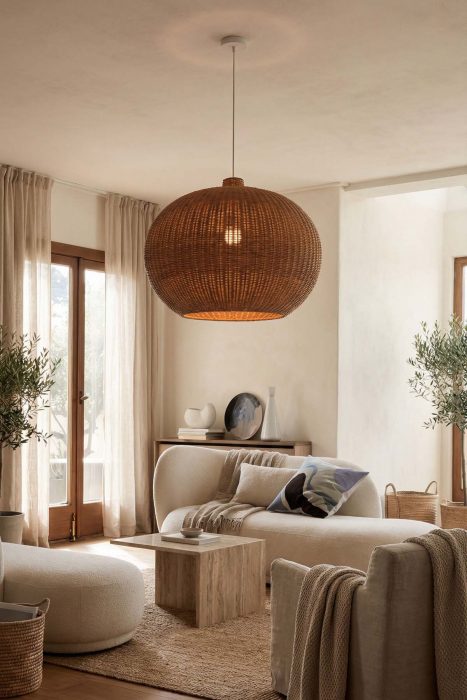 Modern Living Room Round Woven Rattan Pendant Light Cozy Interior