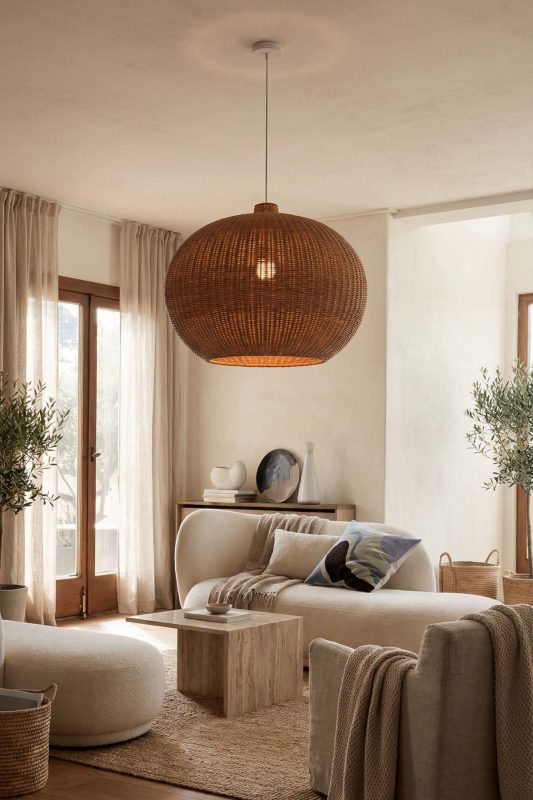 Modern Living Room Round Woven Rattan Pendant Light Cozy Interior