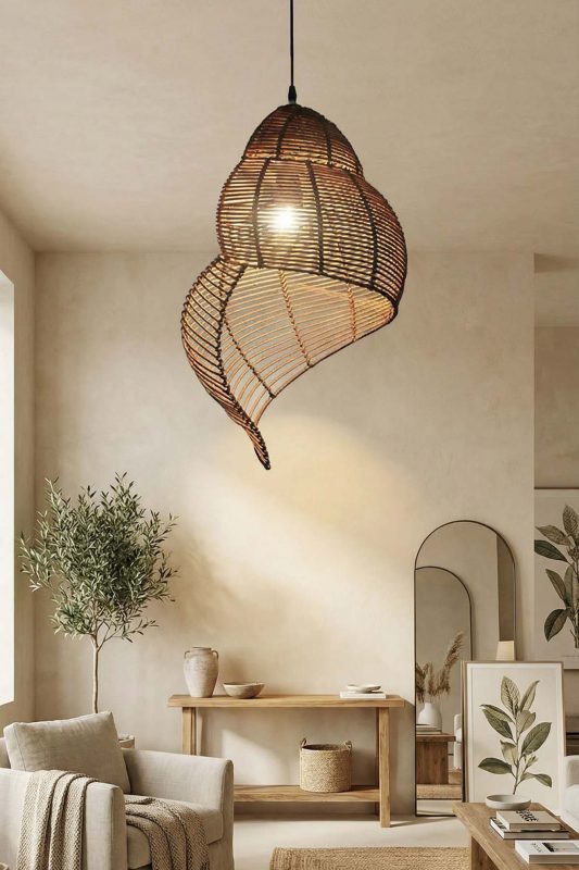 Modern Living Room Sculptural Dark Woven Rattan Pendant Light Artistic Interior