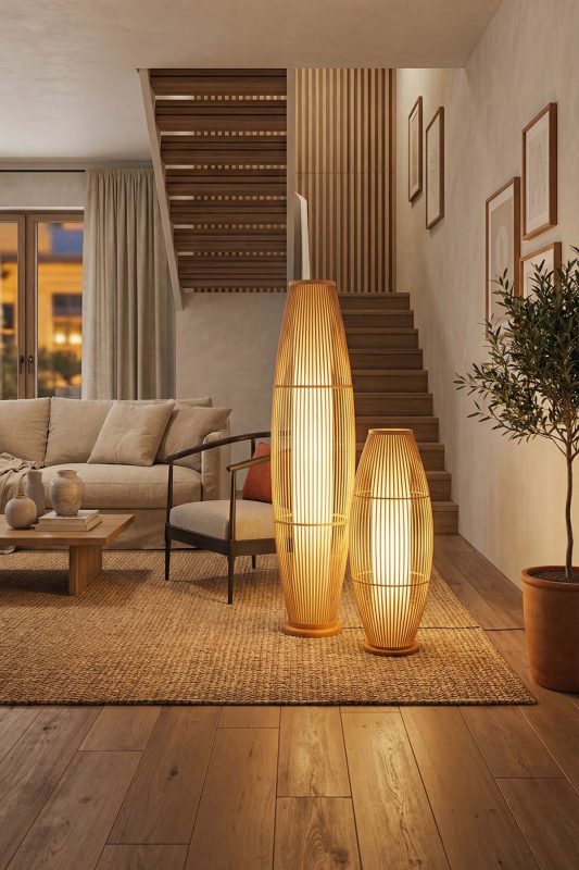 Modern Living Room Trio Woven Rattan Floor Lamps Warm Evening Interior