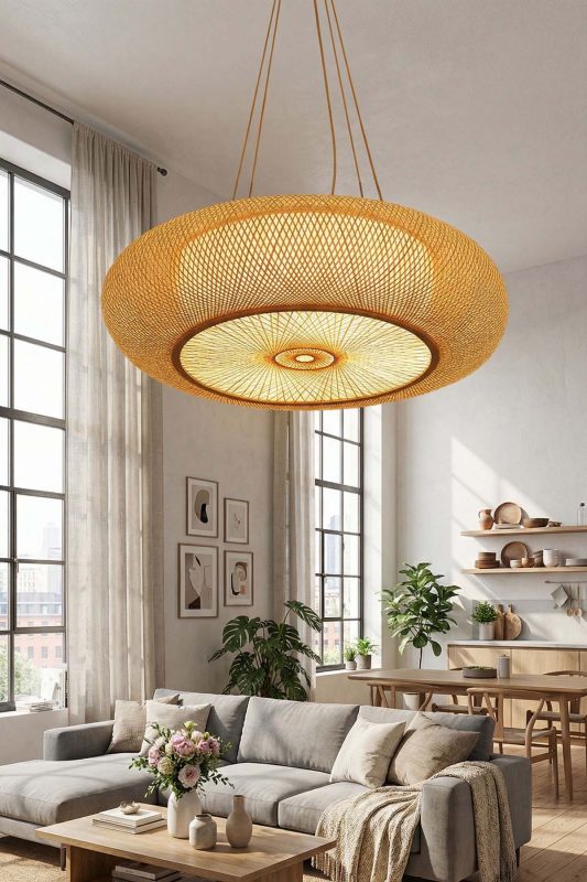 Modern Living Room Wide Woven Rattan Pendant Light Bright Window Interior