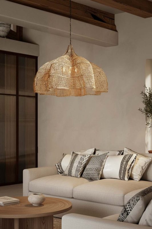 Modern Living Room Wide Woven Rattan Pendant Light Neutral Sofa Decor