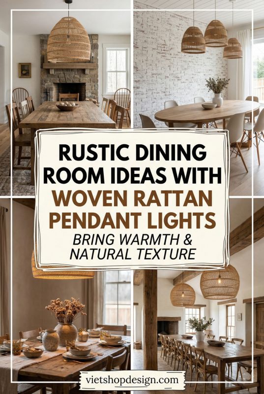 Rustic Dining Room Ideas With Woven Rattan Pendant Light