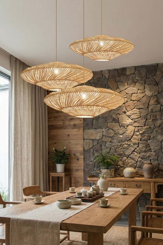 Rustic Dining Room Double Layered Woven Rattan Pendant Lights Stone Wall Decor
