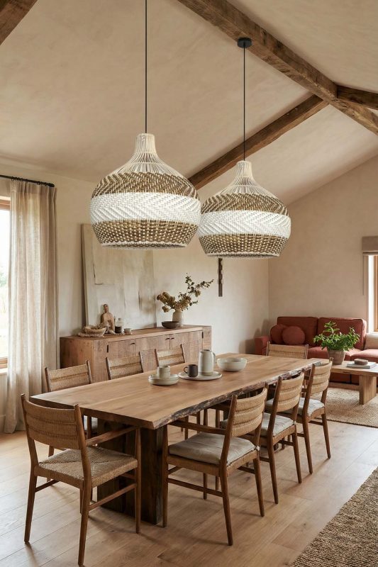 Rustic Dining Room Double Natural Woven Rattan Pendant Lights Wooden Beam Ceiling