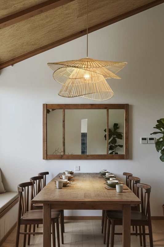 Rustic Dining Room Layered Woven Rattan Pendant Light Wooden Beam Ceiling