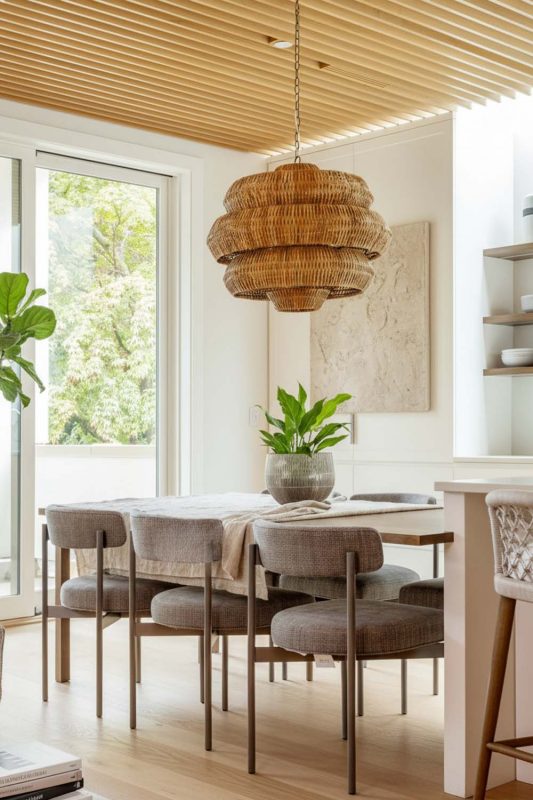 Rustic Dining Room Layered Woven Rattan Pendant Light Wooden Ceiling Interior
