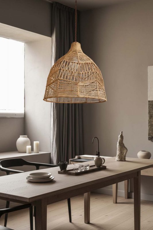 Rustic Dining Room Natural Woven Rattan Pendant Light Warm Wooden Interior