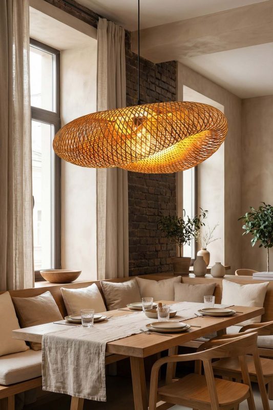 Rustic Dining Room Wide Woven Rattan Pendant Light Warm Natural Decor