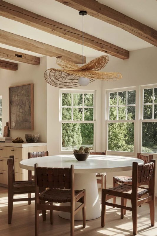 Rustic Dining Room Wing Shaped Woven Rattan Pendant Light Exposed Beam Ceiling