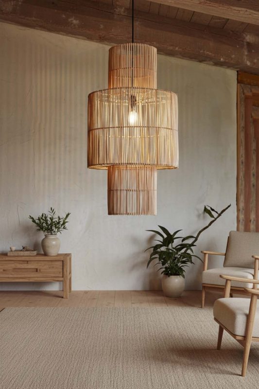Rustic Living Room Layered Geometric Woven Rattan Pendant Light Wooden Beam Ceiling