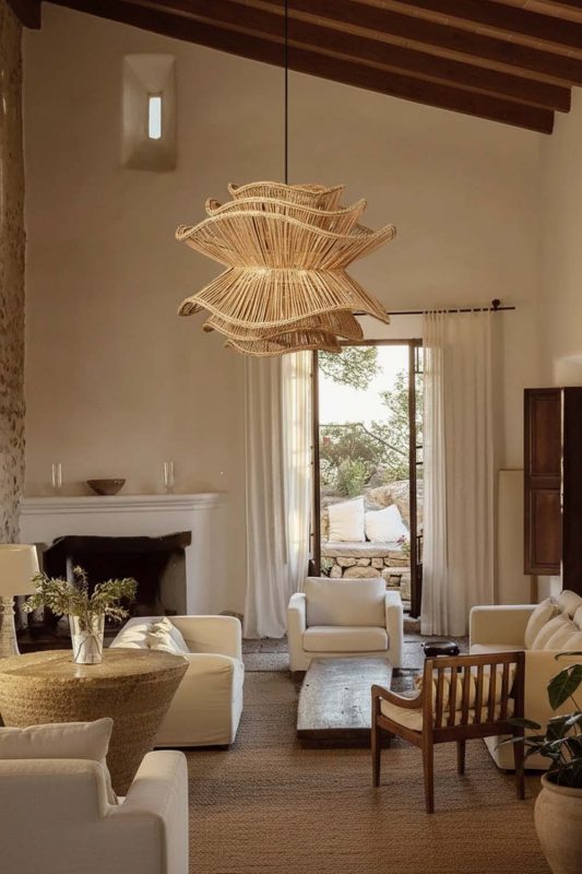 Rustic Living Room Layered Woven Rattan Pendant Light Wooden Beam Ceiling