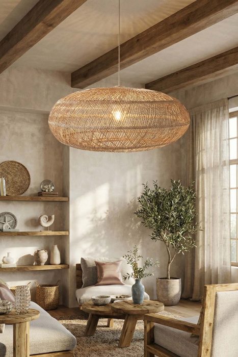 Rustic Living Room Oversized Woven Rattan Pendant Light Wooden Beam Ceiling
