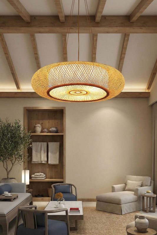 Rustic Living Room Round Woven Rattan Pendant Light Exposed Beam Ceiling