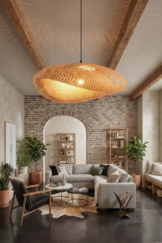 Rustic Living Room Wide Woven Bamboo Pendant Light Exposed Beam Ceiling