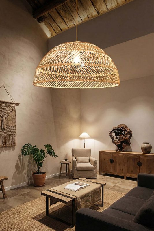 Rustic Living Room Wide Woven Rattan Pendant Light Warm Ambient Decor