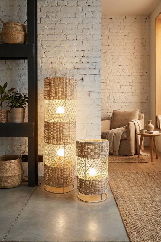 Rustic Living Room Woven Rattan Floor Lamps Brick Wall Interior