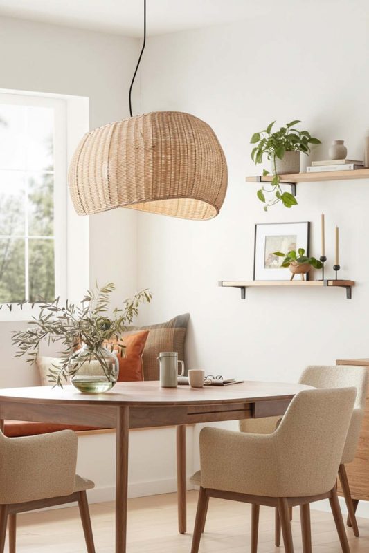 Scandinavian Dining Nook Natural Woven Rattan Pendant Light Bright Window Decor