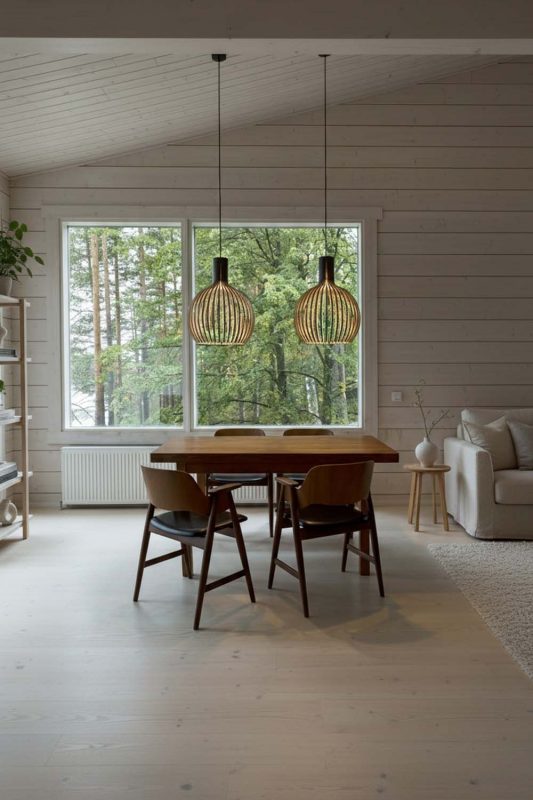 Scandinavian Dining Room Double Pendant Lights Garden View Interior
