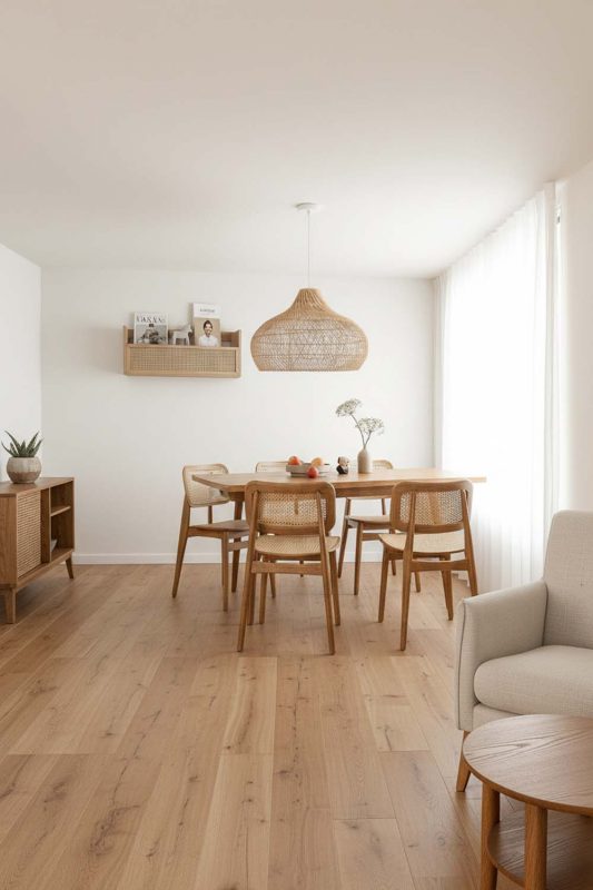 Scandinavian Dining Room Natural Woven Rattan Pendant Light Bright Open Space