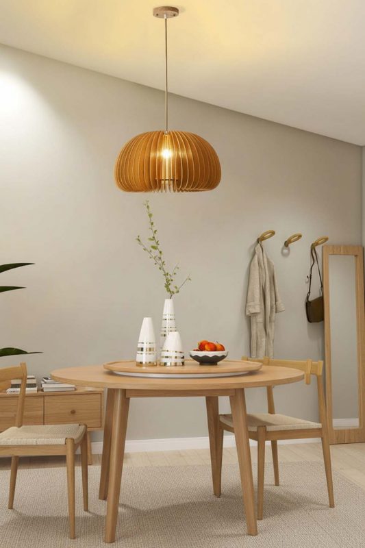 Scandinavian Dining Room Wooden Slat Pendant Light Minimalist Interior